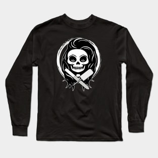 Female Nail Tech Skull and Manicurist Tools White Logo Long Sleeve T-Shirt